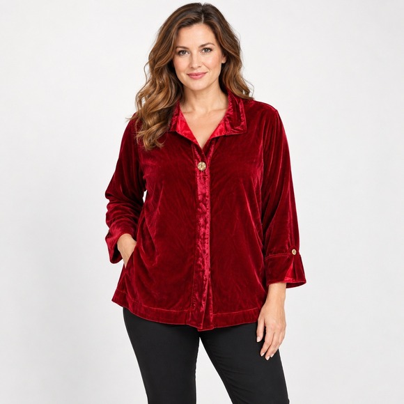 John Mark Tops - John Mark Womens 1X Red Velvet Button Front Shirt Bell Cuff Wired Collar Artsy